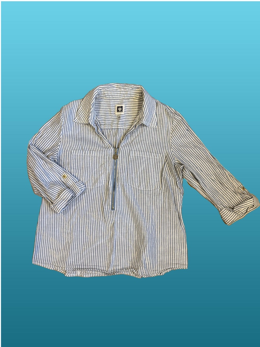 Anne Klein Blue & White Striped Half-Zip Shirt with gold